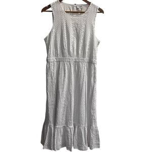 J. Crew White Cotton Eyelet Ruffle Hem Midi Dress Size 12 Cottagecore‎ Coquette